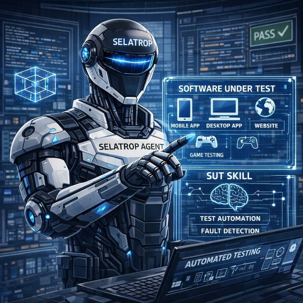 SelatropLAB Agent operating across software under test with AI skills for automation and fault detection
